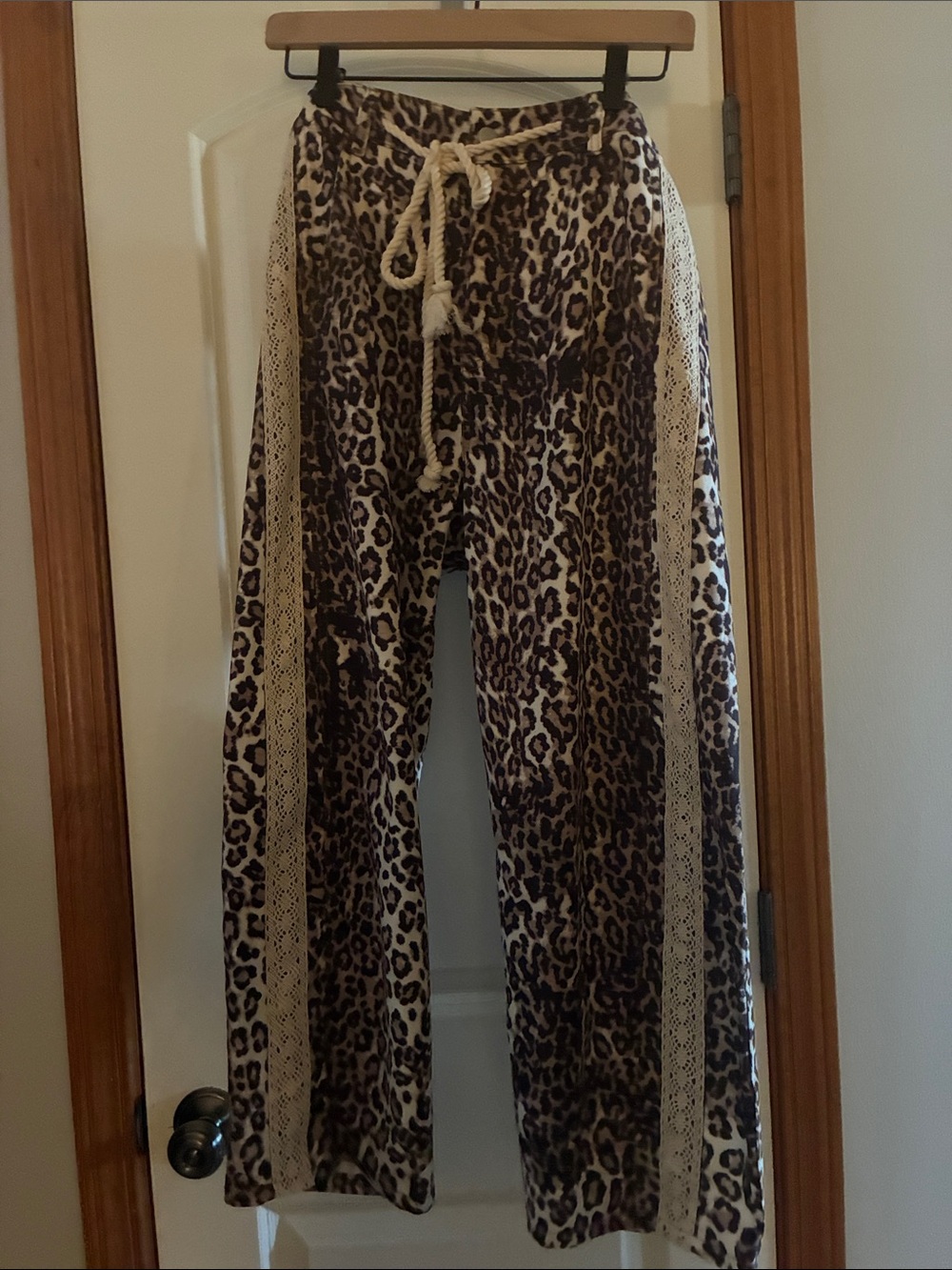 Maeve Leopard Wide-Leg Pants with Cream Crochet Side Stripes